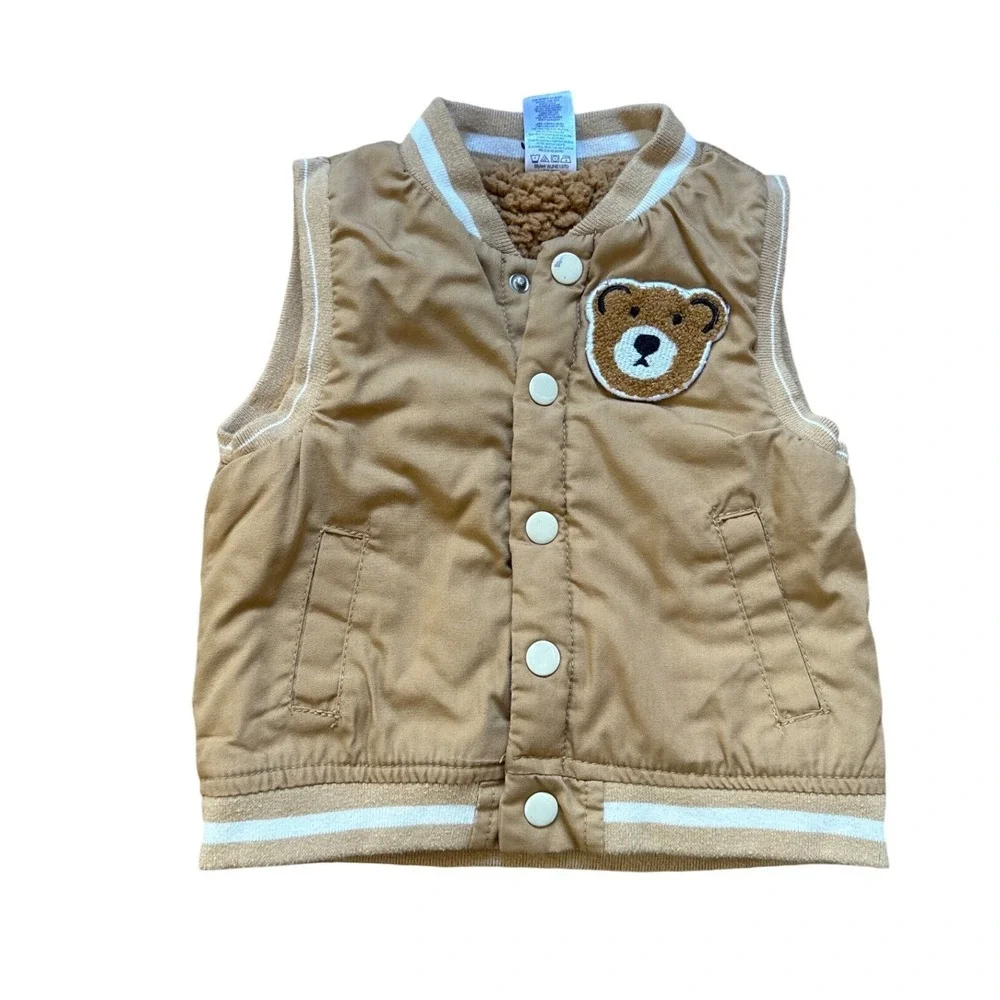 Little Lad Varsity Vest Kids Tan‎ Excellent Sherpa Lined Bear Patch SIZE 2T